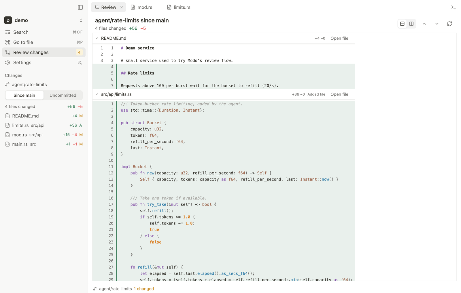 Modo reviewing everything an agent changed on a branch, in one scrollable diff