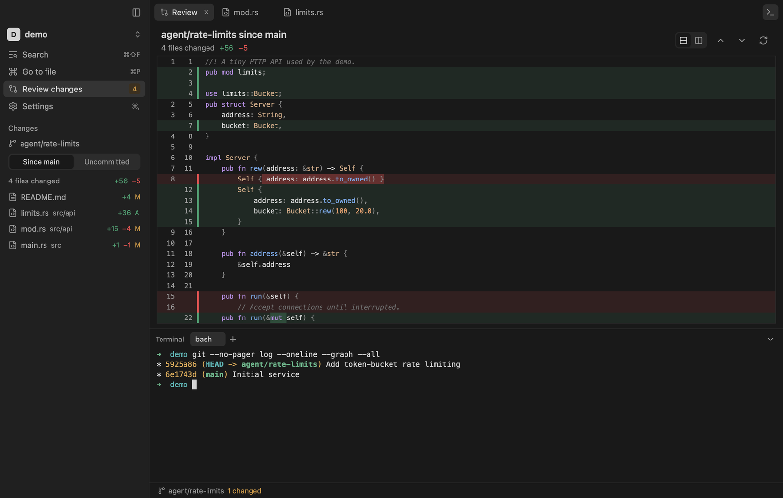 Modo in the dark theme with the terminal open beneath a diff